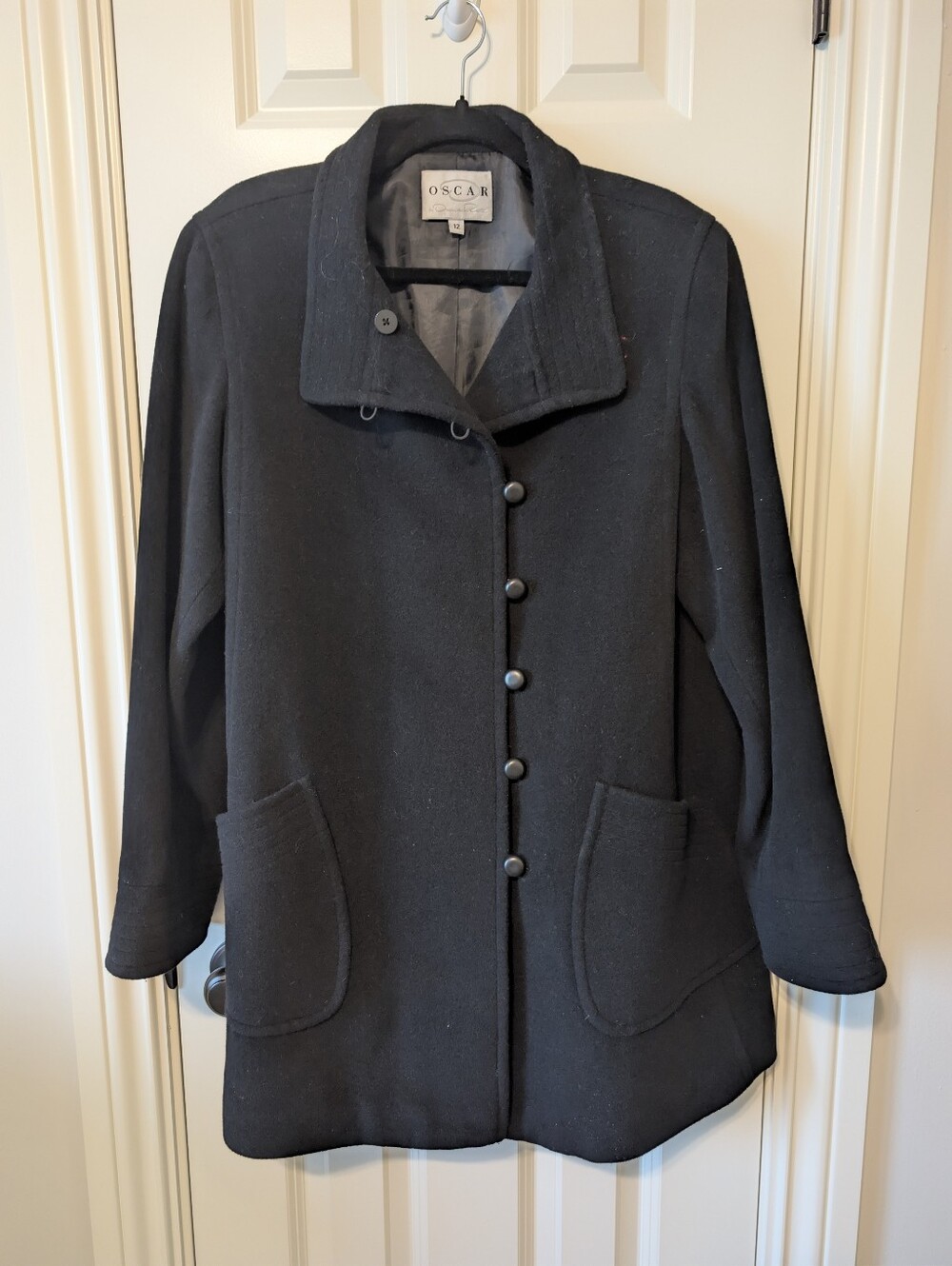 Oscar de la Renta Black Wool Blend Coat Size 12 Vintage Button Front